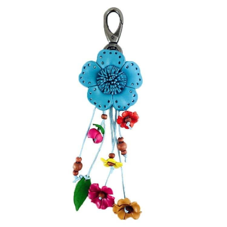 Handmade Keychain Leather Flower Stencil Blue Keyring Bag